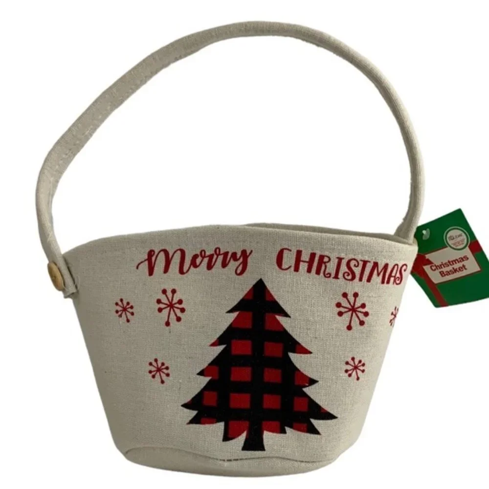 Simply Holiday Canvas Christmas Basket Lined Tote Buffalo Check Plaid